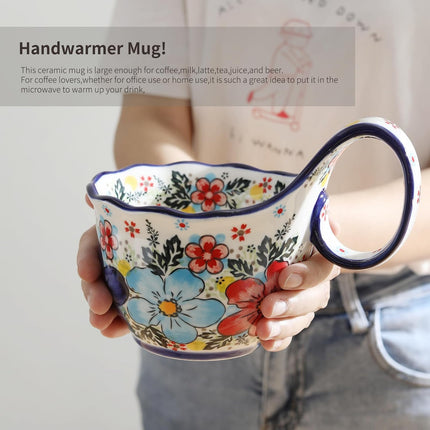 ALMA 18oz Microwavable Soup Bowl with Loop Handle, Handpainted Decorative Mug Big Handle, Ceramic Soup bowl for Mother, Cereal Bowl Great for Fruits, Chili, Stew, Ice cream