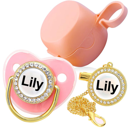 Personalized Pacifier with Name, Bling Gold Pacifier Clip Set Storage Box, Customized Glitter Crystal Luxurious Soother Ideal Gift for Boys Baby Shower Photography Newborn (Rose)
