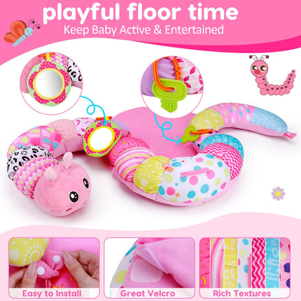 2 in 1 Baby Tummy Time Mat & Support Seated Pillow Infant Newborn Toys 0 1 2 3 4 5 6 Months Pink Caterpillar Sensory Developmental Playmat 0-6 3-6 12 Month Mirror Babies Girls Shower Gifts Essentials