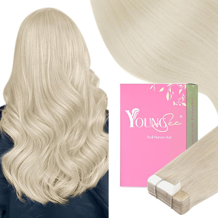 YoungSee 24 Inch Platinum Blonde Tape in Extensions Human Hair Invisible Tape in Hair Extensions Human Hair Platinum Blonde Tapes on Hair Extension Remy Hair for Long Hair 20pcs 50g