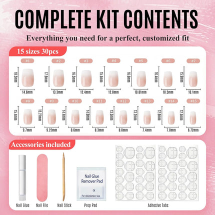 Ombre Press on Nails Short Square, Soft Gel Nude Pink Fake Nails Press on with Glue, 30Pcs Reusable Stick on Nails in 15 Sizes, Salon Quality False Nails for Women Spring Summer Vacation Gift