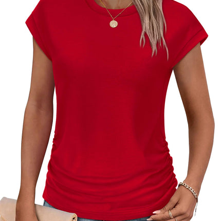 Womens Summer Tops Trendy 2026 Ruched Cap Short Sleeve Tshirts Shirts Crew Neck T Shirts Fashion
