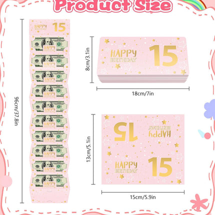 Pink 15th Birthday Money Envelope for Cash Gift Holder with Greeting Card for Girl Women Surprise Gift Idea with Clear Plastic Bag