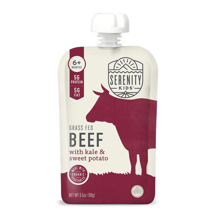 Serenity Kids 6+ Months Baby Food Pouch Puree - Grass Fed Beef Meat Pouches - Organic Veggie Blends for Toddler Snacks - Savory No-Sugar Baby Snacks - 3.5 Ounce, Pack of 1