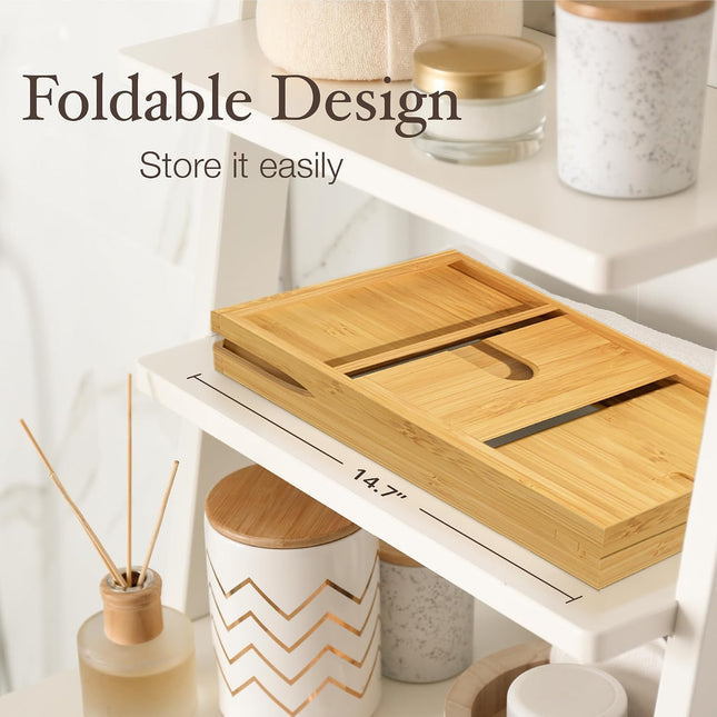 Expandable Bamboo Bathtub Caddy Tray with Wine, Book & Tablet Holder