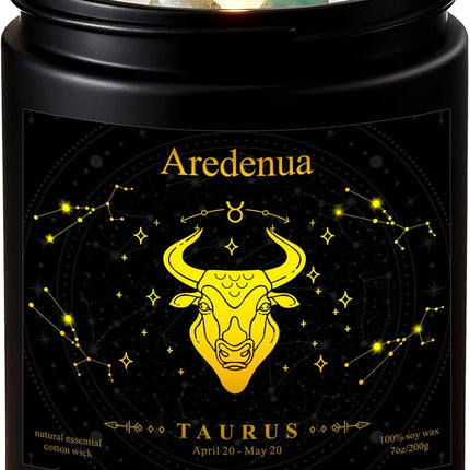 Taurus Birthday Gifts Candle | Zodiac Crystal Candles with Green Aventurine Healing Crystals - Balsamic Cedar Woody Scented Soy Candle, 7oz 50 Hour Burn, Unique Spiritual Astrology Gifts for Women Men