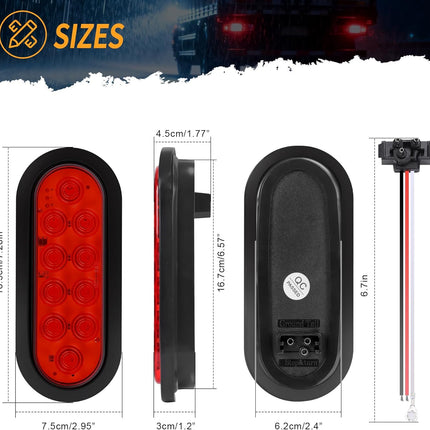 6-Inch Oval Red LED Trailer Tail Lights 2PCS, 10 LEDs Stop Turn Tail Brake Lights, DOT Certified, IP67 Waterproof Surface Mount, for Truck RV Boat Trailer
