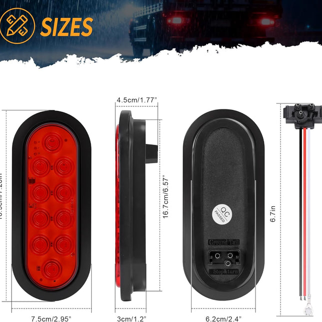 6-Inch Oval Red LED Trailer Tail Lights, 2-Pack