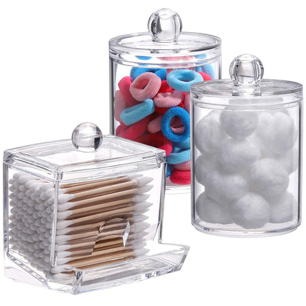 3 Pack Qtips Holder Bathroom Container, 10 oz Cotton Ball/Swabs Dispenser, Apothecary Jar Organizer for Storage Brown Wood Lids