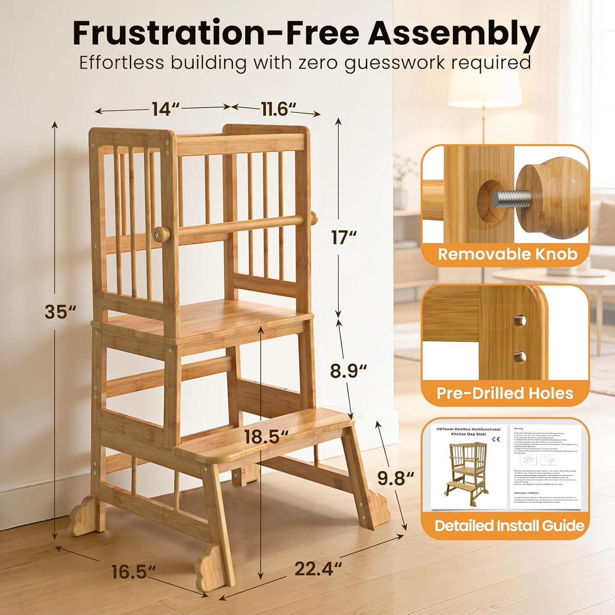Kids Bamboo Kitchen Step Stool with Safety Rails & Anti-Slip Feet - photo 4