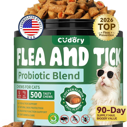 Flea and Tick Prevention for Cats, 500 Cat Flea Treatment with Probiotics Chewables, Crunchy & Creamy Treats Natural Oral Flea Supplement with Skin & Coat, Digestive Support - Chicken, Krill Flavor