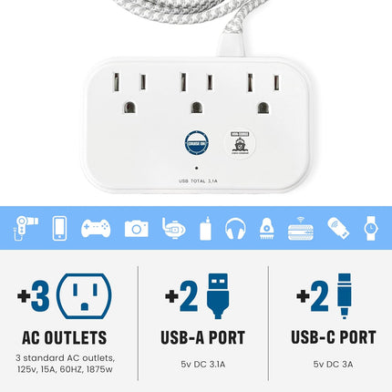 Cruise Approved Power Strip Non Surge Protector with 3.3 ft Travel Extension Cord and USB Ports [2 USB, 2 USB-C, 3 AC] Cruise Ship Essentials for Carnival, Princess, & Major Cruise Lines 2026 & 2027