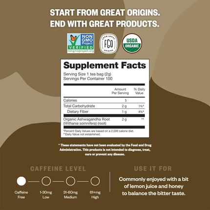 FGO Organic Ashwagandha Tea, 100 Count, Eco-Conscious Herbal Tea Bags, Resealable Bag, Caffeine Free, Packaging May Vary (Pack of 1)