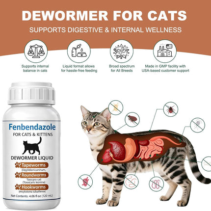 Cat Dewormer for Cats – Fenbendazole Liquid Broad Spectrum Wormer for Tapeworms, Roundworms & Hookworms, 120 mL (4.2 fl oz)