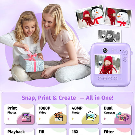 Instant Camera, Dual-Lens Kids Camera Instant Print for Boys Girls Christmas Birthday Gifts, 1080P Digital Cameras for Kids Teens with Print Paper, 32GB Card, Toddle Toy for Age 4-12 Years(Purple)