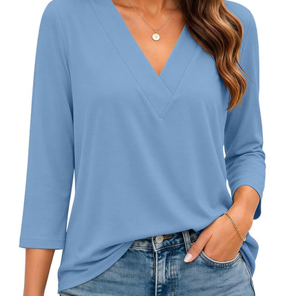 Womens 3/4 Sleeve V Neck Tops Loose Fit T Shirts Casual Blouses