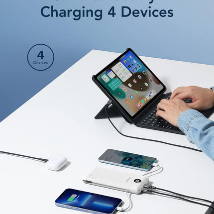 Portable Charger with Built-in AC Plug and Cables, All in One 10000mAh Ultra Slim Power Bank Travel Essentials, Fast Charging Battery Pack Compatible with iPhone, Samsung, Android (White)