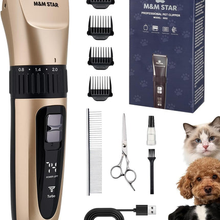 M&M STAR Dog Grooming Kit, Low Noise Dog Clippers, 2-Speed IPX7 Waterproof, Rechargeable Cordless Pet Hair Clippers Trimmer Shaver with LED Display for Small Large Dogs Cats, Gold