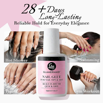GLAMERMAID Super Strong Nail Glue for Press On Nails, Fast Drying Brush On Glue for Nail Tips & Acrylic Fake Nails, Long-Lasting, Maximum Strength, Mess-Free 15ml