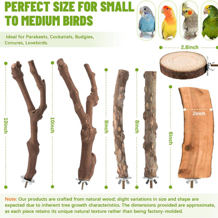 BILLIOTEAM 6-Piece Natural Wood Bird Perch Set - Forked Grapevine Branches, Prickly Ash Sticks & Apple Wood Platforms - Habitat Standing Accessories for Parakeets, Cockatiels, Conures, Budgies