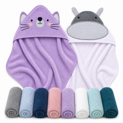 2 Pack Hooded Baby Towel Rayon Made from Bamboo and 8 Washcloths - Lovely Elephant, Happy Bird