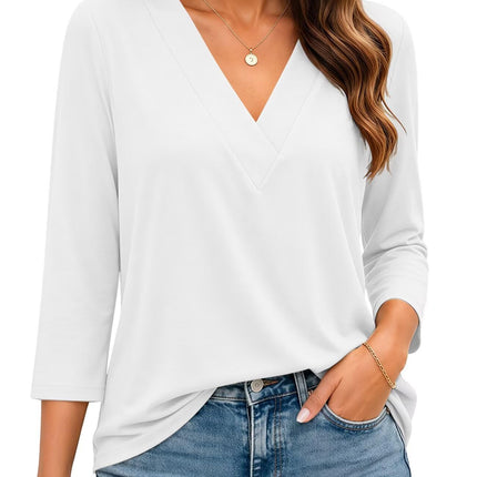 Womens 3/4 Sleeve V Neck Tops Loose Fit T Shirts Casual Blouses