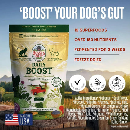 Gussy's Gut Daily Boost- Fermented Organic Superfood Reset & Reboot Dog Gut Health- Human Grade Pre & Probiotic Digestive Supplement- USA Made Small Batch 19 Ingredient Formula- Reset Phase (3 Oz)