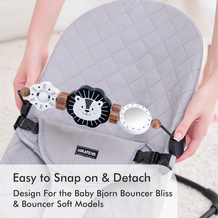 iGRATENS Baby Bjorn Bouncer Toy Bar, New Model Wooden Toy with Mirror for Baby Bouncer Soft & Bliss, Easy to Attach & Remove, Child-Friendly Material, Early Identification Black and White Toys, Lion