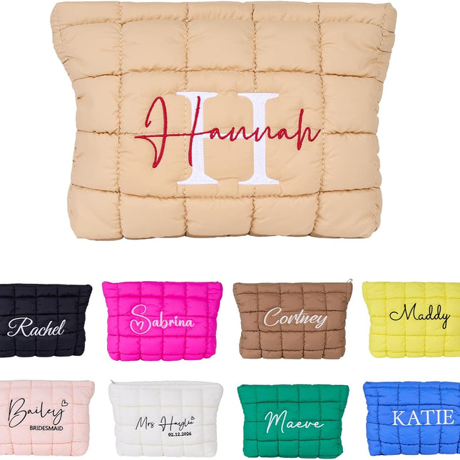 Puffer Quilted Makeup Bag with Embroidered Name, Custom Toiletry Cosmetic