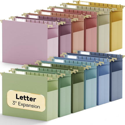 Extra Capacity Hanging File Folders Letter Size,3" Expansion Hanging File Organizer for Home Office,Plastic Filing Cabinet Folders with Tabs,12 Pack Pastel Heavy Duty Folders for File Box Frame