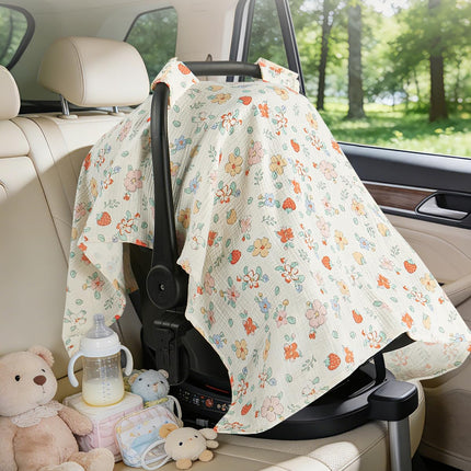 100% Muslin Cotton Car Seat Cover for Baby, Soft Breathable Car Seat Canopy, Universal Infant Carseat Cover Sun Protector, Lightweight Summer Stroller Cover for Boys Girls - Strawberry