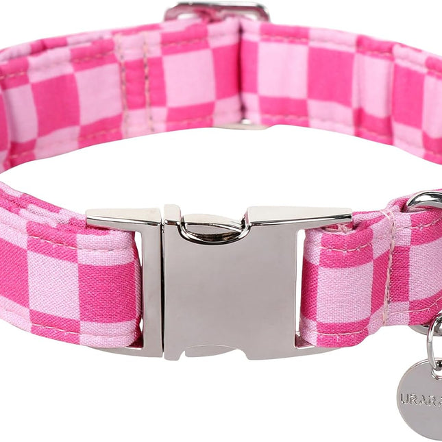 Pink Plaid Cotton Adjustable Dog Collar with Metal Buckle