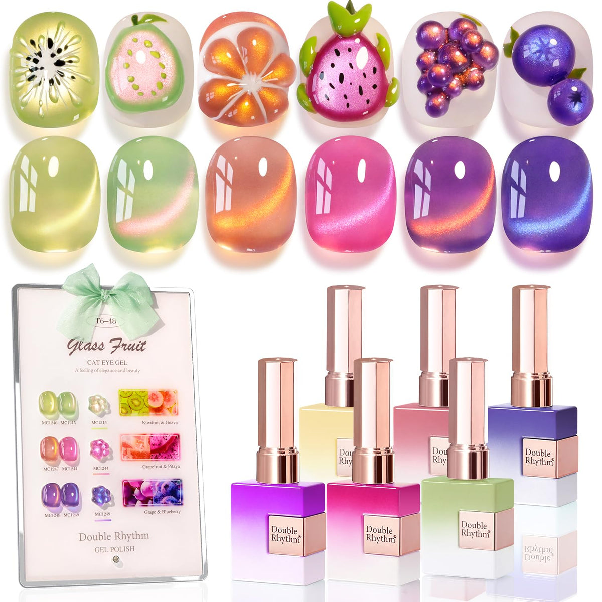Glass Rose Pink Green Cat Eye Gel Nail Polish Set, 6 Pack
