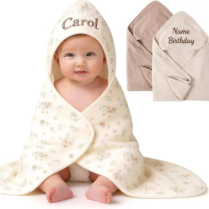 2-Pack Personalized Muslin Hooded Baby Towels Soft & Absorbent Custom Name Bath Towel for Newborn & Infant Infant Gift Baby Essentials for Newborn