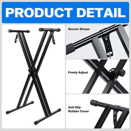 Double-X Keyboard Stand,7 Adjustable Heights Piano Stand with Locking Straps, Heavy Duty Piano Keyboard Stand Fits for 54，61，88 Key Digital Pianos