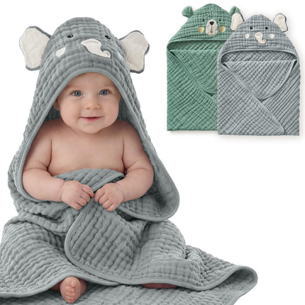 Muslin Baby Hooded Towel 2 Pack, Soft & Absorbent Bath Towel for Infant, Toddler, Unisex, Baby Gift, Newborn Essentials, Bear & Lamb