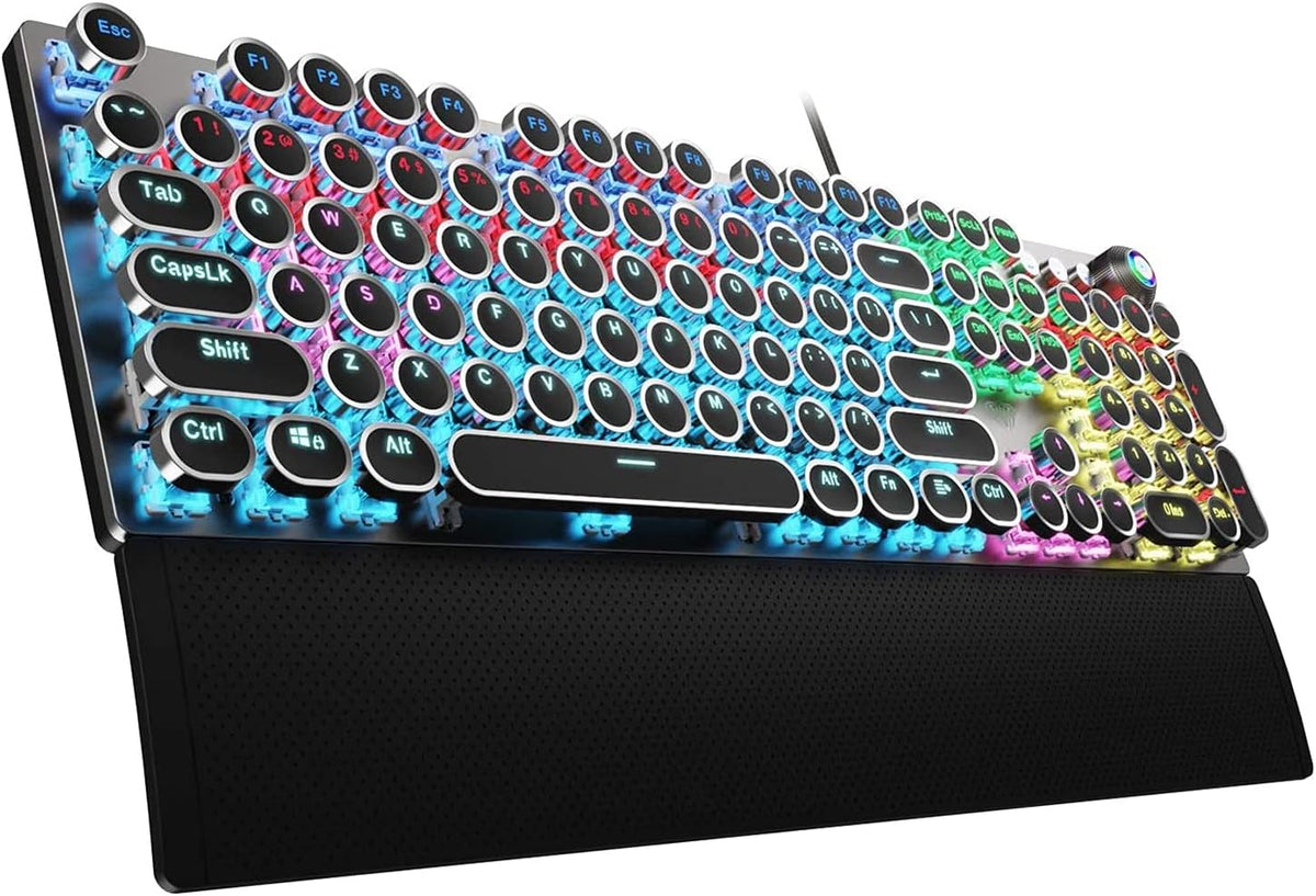 Typewriter Style Mechanical Gaming Keyboard Wired,Blue Switches,Rainbow LED Backlit,Removable Wrist Rest,Media Control