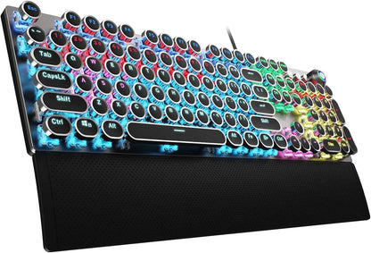 Typewriter Style Mechanical Gaming Keyboard Wired,Blue Switches,Rainbow LED Backlit,Removable Wrist Rest,Media Control