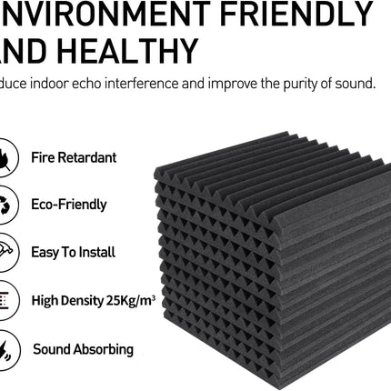 Focusound 52 Pack Acoustic Foam Panels 1" x 12" x 12" Sound Proof Foam Panles Soundproofing Noise Cancelling Wedge Panels for Home Office Recoding Studio with 300PCS Double-Side Adhesive