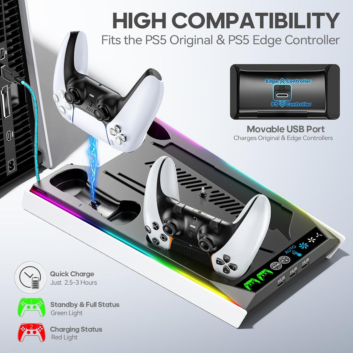 PS5/Slim/Pro Stand for Disc & Digital Console, PS5 Cooling & Charging Station with RGB Lights, PS5 - photo 4
