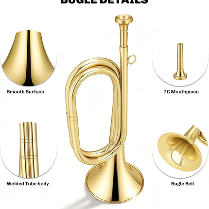Kmise Bb Brass Bugle, Lightweight Keyless Trumpet Instrument for School Bands, Summer Camps, Team Activities with Storage Bag, Cleaning Cloth, Gloves