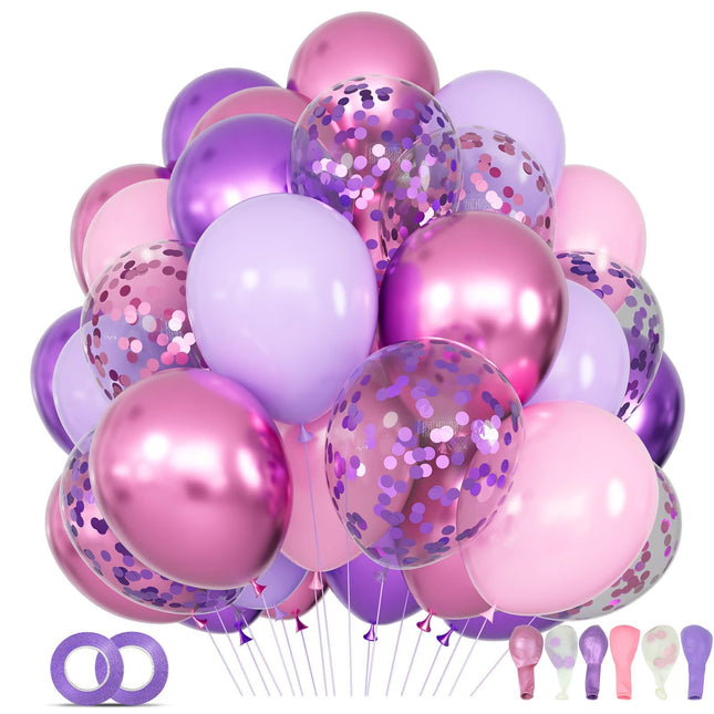 68Pcs Globos rosa y morado 12 Inch Globos de látex morado metálico rosa con confeti y cintas para decoración de boda, cumpleaños de niñas, baby shower.