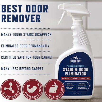 Rocco & Roxie Supply Co. Stain & Strong Odor Eliminator, Enzyme Cleaner, Pet Odor Eliminator for Home - Carpet Stain Remover for Cats & Dog Pee - Urine Destroyer - Carpet Cleaner Spray Clear, 32 Fl Oz