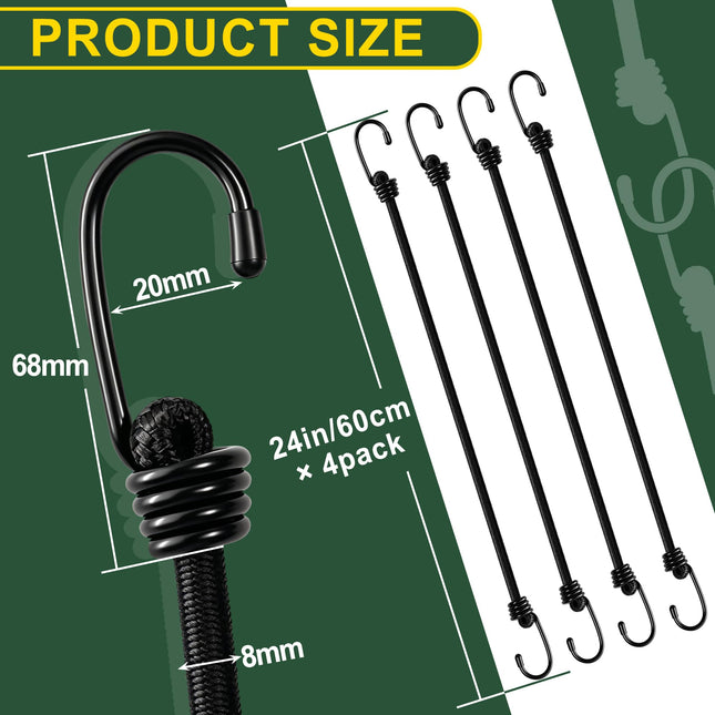 24 Inch Bungee Cords with Hooks 4 Pack