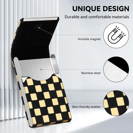 Business Card Holder，Men and Women Business Card Holder Case Featuring a Lustrous PU Leather Exterior, an Ultra-Thin Stainless Steel Frame, and a Magnetic Closure，Black