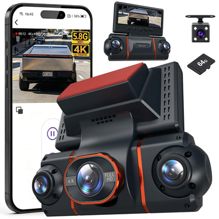 4K+1080P*3 FHD Dash Cam Front and Rear, 360° Car Camera, 5.8GHz WiFi 20MB/s