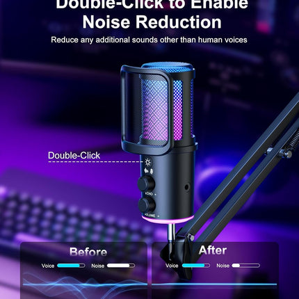Gaming USB Microphone, Noise Cancellation Condenser Mic with Mute,Boom Arm Mic-Reverb Adjustment, Monitoring for Streaming, Podcasting, Discord, YouTube,PC, Computer, PS4, PS5, Mac