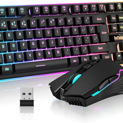 Wireless Gaming Keyboard and Mouse Combo, LED Backlit Rechargeable 3800mAh Battery, Mechanical Feel Anti-ghosting Keyboard + 7D 3200DPI Mice for PC Gamer (Black)
