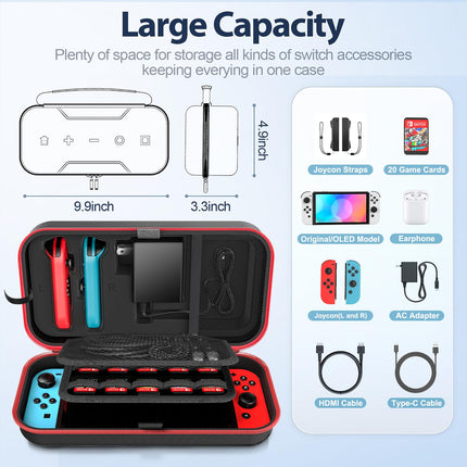 Switch Carrying Case Compatible with Nintendo & OLED, Portable Switch Travel Carry Case Fit for Joy-Con and Adapter, Hard Shell Protective OLED Pouch Bag with 20 Games, Red Wii Accessory Kits