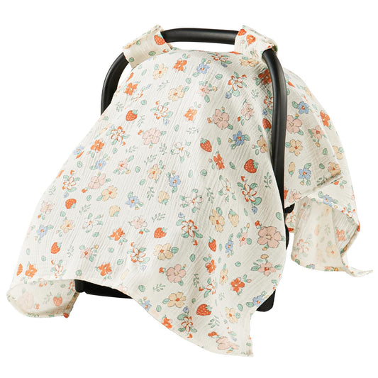100% Muslin Cotton Baby Car Seat Cover - Strawberry